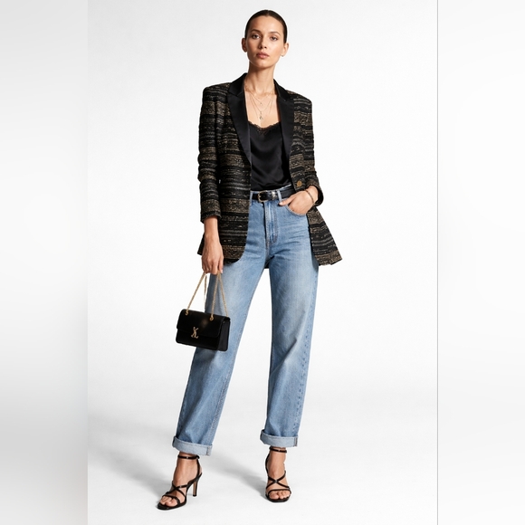 ST JOHN Metallic Knit Jacket Satin Lapels Black Gold Silver 4 S - Picture 3 of 14